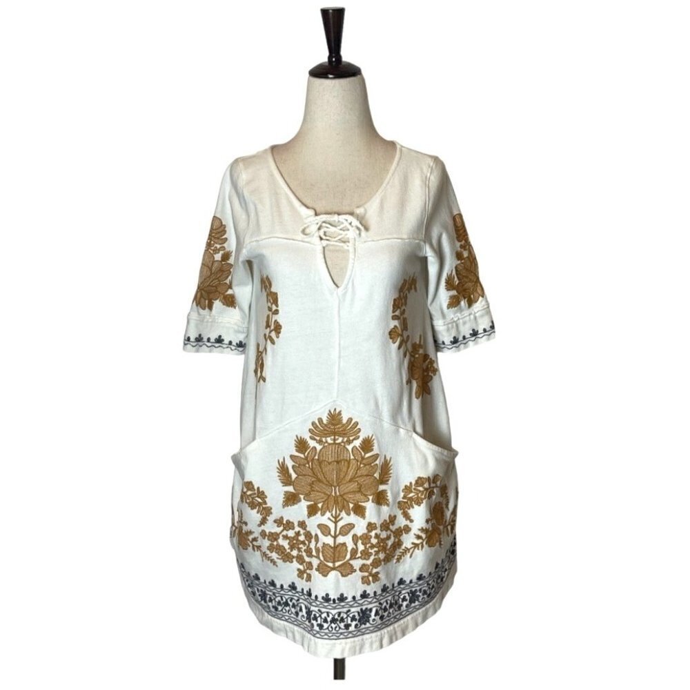 Free People Talia White Floral Embroidered Lace Up Cut Out‎ Back Tunic Top XS